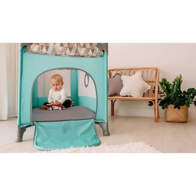 Patut pliant, Lionelo, Stefi, Cu un nivel, Cu intrare laterala cu fermoar, 2 roti, 120x60 cm, Conform cu standardul european de securitate EN 716, Albastru BYNLO-STEFI_BLUE_GREY