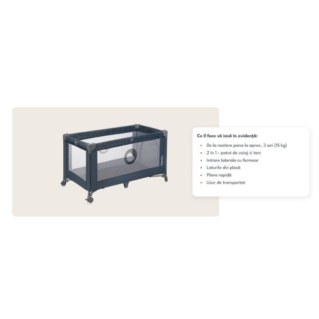 Patut pliant, Lionelo, Stefi, Cu un nivel, Cu intrare laterala cu fermoar, 2 roti, 120x60 cm, Conform cu standardul european de securitate EN 716, Albastru BYNLO-STEFI_BLUE_GREY