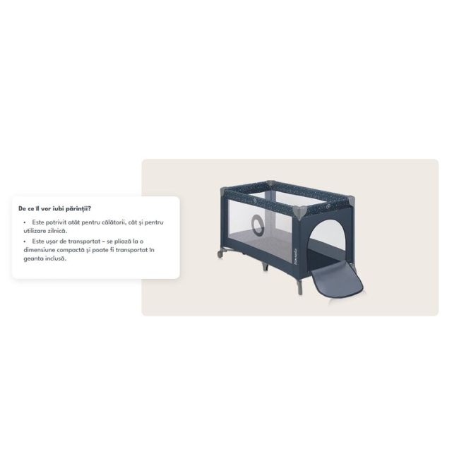 Patut pliant, Lionelo, Stefi, Cu un nivel, Cu intrare laterala cu fermoar, 2 roti, 120x60 cm, Conform cu standardul european de securitate EN 716, Albastru BYNLO-STEFI_BLUE_GREY