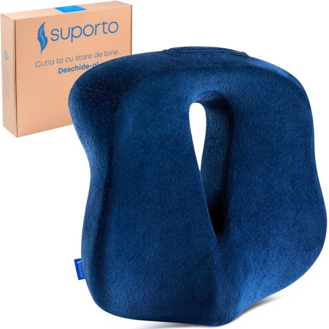Perna Ortopedica de Sezut Navy Blue pentru scaun de birou sau masina, din spuma cu memorie, cu suport pentru Coccis, Suporto, Albastra SPTPSE5BLUE