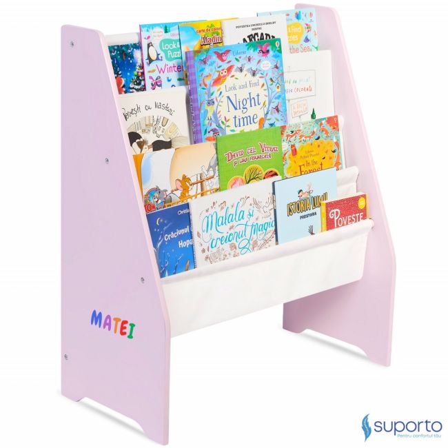 Raft de Carti pentru Copii Suporto, Organizator cu etajere din textil, pentru depozitare jucarii, carti si caiete. Mobilier din Lemn MDF, 71.5 x 62 x SPTRAFT1ROZ