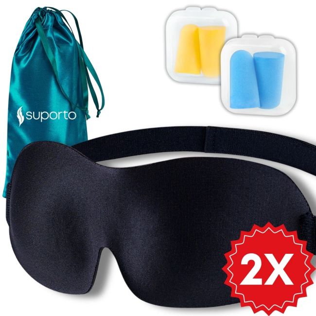 Set 2x Masti de dormit Suporto, design 3D fara presiune pe ochi, reglabile, cu huse Verde smarald, blocheaza lumina in totalitate, si 4 seturi de SPTSET2MASC1BLUE