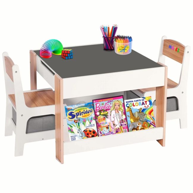 Set Masuta cu 2 Scaune pentru copii, cu Rafturi pentru Carti, Suporto, din MDF, Sertare Depozitare, Organizator Jucarii, Tabla de Scris, Desenat, SPTSETM2SCARTI