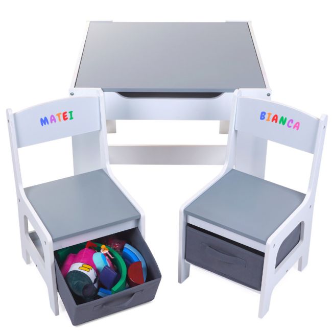 Set Masuta cu scaun pentru copii din Lemn Mdf 3 in 1, Tabla De Scris, Desenat, Colorat, Depozitare, Varsta 3-6 Ani, Alb cu Gri SPTSETM2SCA