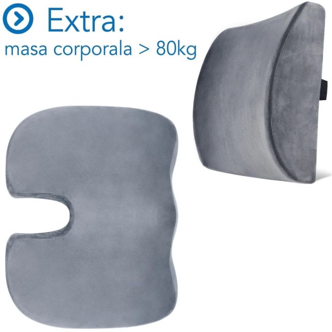 Set Perne Ortopedice Fermitate Extra - Pentru masa corporala peste 80 KG | Perna lombara si Perna sezut Suporto®️ Coccis din spuma cu memorie| SPTSETPSEL1GE0