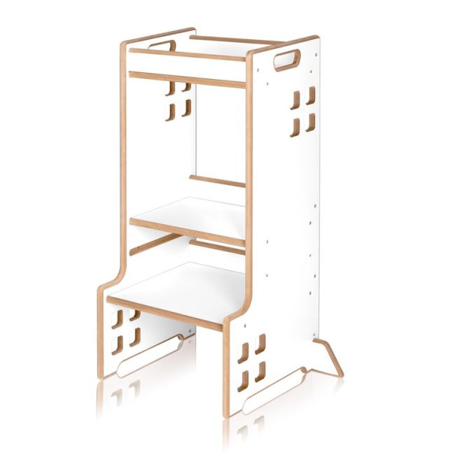 Turn de invatare Montessori, Lionelo, Cass, Functie de raft pentru carti, Pana la 30 kg, 12 luni - 6 ani, Din MDF si furnir, 3 trepte de inaltime, Alb BYNLO-CASS_WHITE