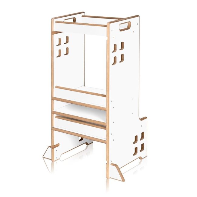 Turn de invatare Montessori, Lionelo, Cass, Functie de raft pentru carti, Pana la 30 kg, 12 luni - 6 ani, Din MDF si furnir, 3 trepte de inaltime, Alb BYNLO-CASS_WHITE
