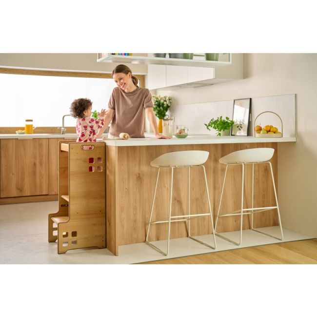 Turn de invatare Montessori, Lionelo, Cass, Functie de raft pentru carti, Pana la 30 kg, 12 luni - 6 ani, Din MDF si furnir, 3 trepte de inaltime, Alb BYNLO-CASS_WHITE