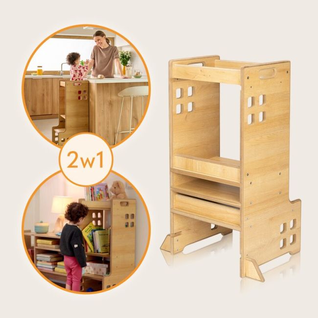 Turn de invatare Montessori, Lionelo, Cass, Functie de raft pentru carti, Pana la 30 kg, 12 luni - 6 ani, Din MDF si furnir, 3 trepte de inaltime, Alb BYNLO-CASS_WHITE