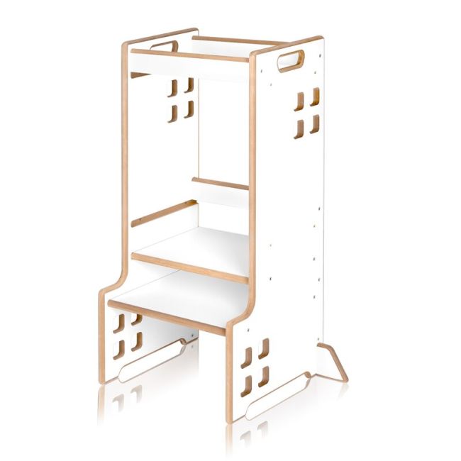 Turn de invatare Montessori, Lionelo, Cass, Functie de raft pentru carti, Pana la 30 kg, 12 luni - 6 ani, Din MDF si furnir, 3 trepte de inaltime, Alb BYNLO-CASS_WHITE