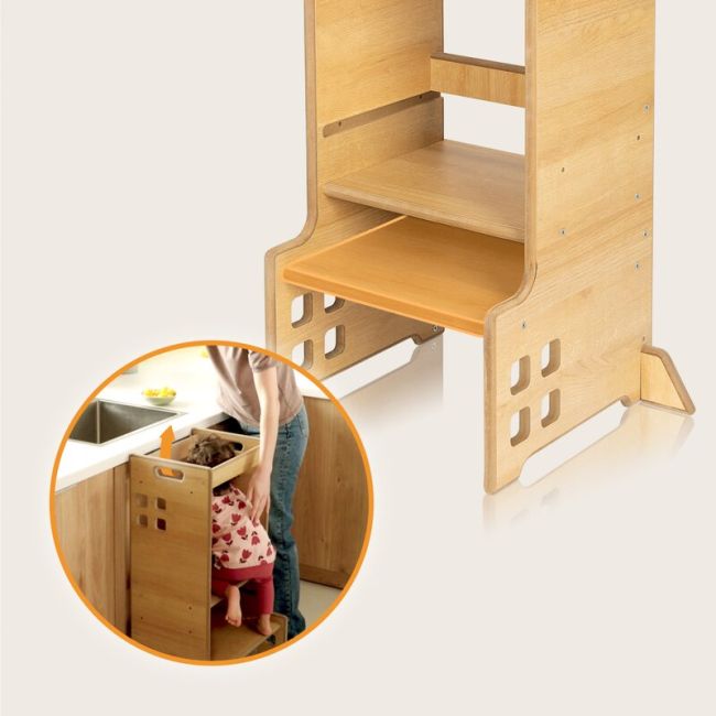 Turn de invatare Montessori, Lionelo, Cass, Functie de raft pentru carti, Pana la 30 kg, 12 luni - 6 ani, Din MDF si furnir, 3 trepte de inaltime, Alb BYNLO-CASS_WHITE