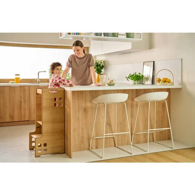 Turn de invatare Montessori, Lionelo, Cass, Functie de raft pentru carti, Pana la 30 kg, 12 luni - 6 ani, Din MDF si furnir, 3 trepte de inaltime, Alb BYNLO-CASS_WHITE