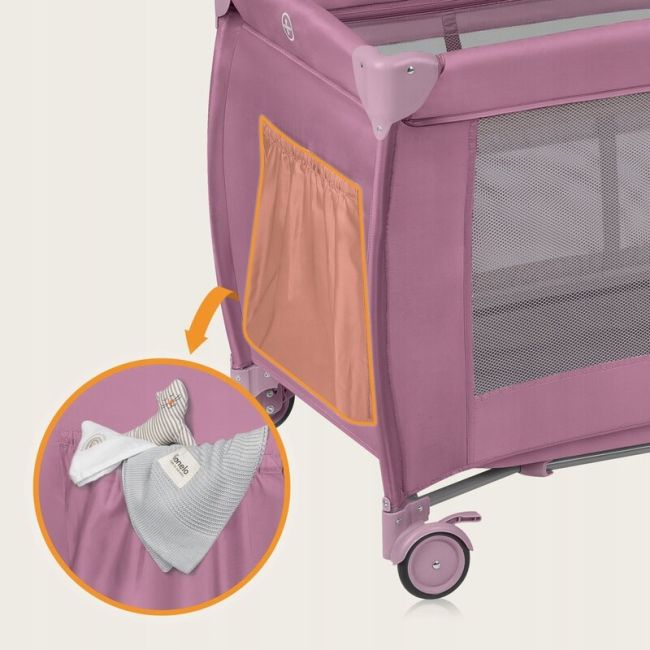  Patut pliant, Lionelo, Stefi Plus, Cu doua nivele, Cu intrare laterala cu fermoar, 2 roti, 120 x 60 cm, Conform cu standardul european de securitate EN 716, Roz BYNLO-STEFI_PLUS_PINK_MAGNOLIA