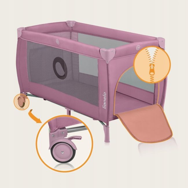  Patut pliant, Lionelo, Stefi Plus, Cu doua nivele, Cu intrare laterala cu fermoar, 2 roti, 120 x 60 cm, Conform cu standardul european de securitate EN 716, Roz BYNLO-STEFI_PLUS_PINK_MAGNOLIA