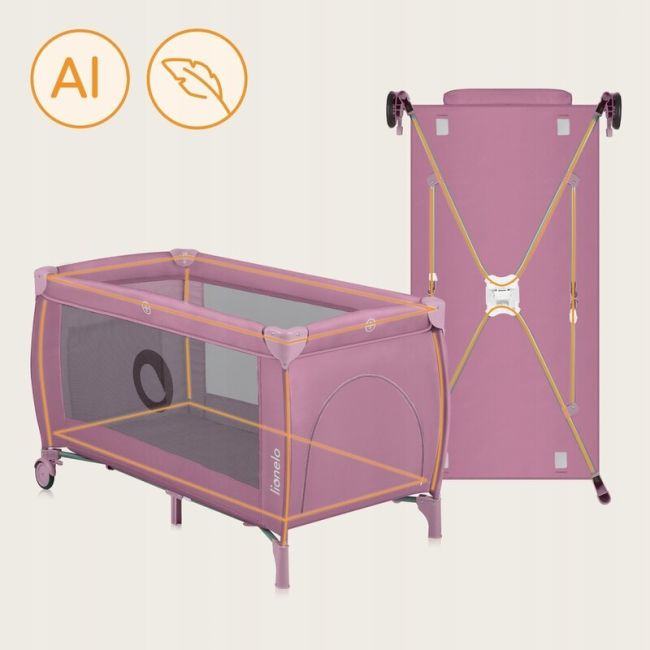  Patut pliant, Lionelo, Stefi Plus, Cu doua nivele, Cu intrare laterala cu fermoar, 2 roti, 120 x 60 cm, Conform cu standardul european de securitate EN 716, Roz BYNLO-STEFI_PLUS_PINK_MAGNOLIA