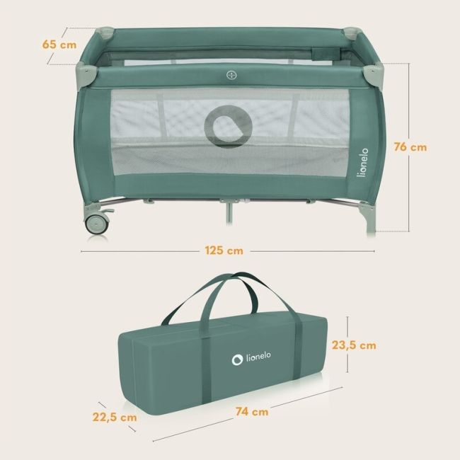  Patut pliant, Lionelo, Stefi Plus, Cu doua nivele, Cu intrare laterala cu fermoar, 2 roti, 120 x 60 cm, Conform cu standardul european de securitate EN 716, Verde Olive BYNLO-STEFI_PLUS_GREEN_OLIVE