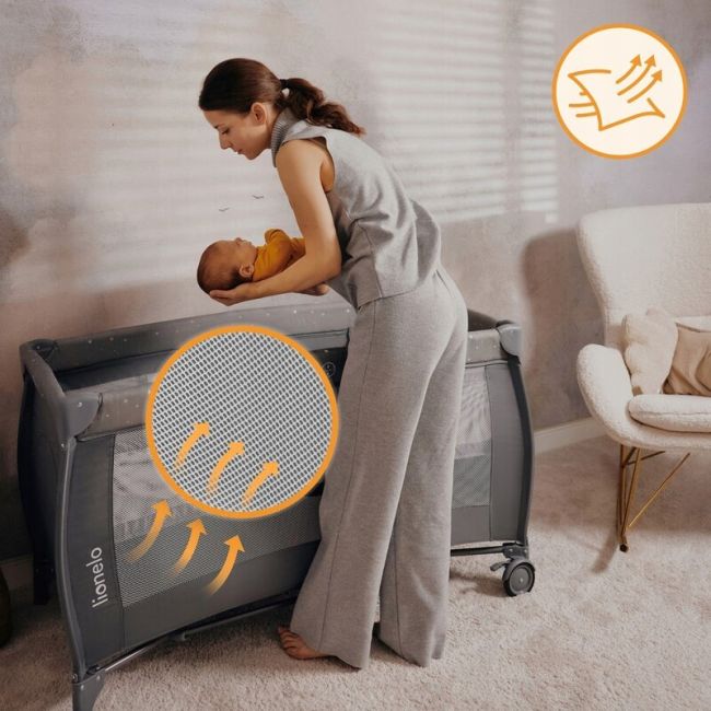  Patut pliant, Lionelo, Stefi Plus, Cu doua nivele, Cu intrare laterala cu fermoar, 2 roti, 120 x 60 cm, Conform cu standardul european de securitate EN 716, Verde Olive BYNLO-STEFI_PLUS_GREEN_OLIVE