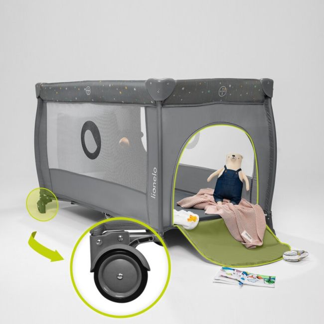  Patut pliant, Lionelo, Stefi Plus, Cu doua nivele, Cu intrare laterala cu fermoar, 2 roti, 120 x 60 cm, Conform cu standardul european de securitate EN 716, Verde Olive BYNLO-STEFI_PLUS_GREEN_OLIVE