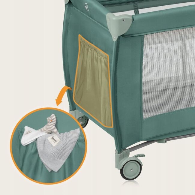  Patut pliant, Lionelo, Stefi Plus, Cu doua nivele, Cu intrare laterala cu fermoar, 2 roti, 120 x 60 cm, Conform cu standardul european de securitate EN 716, Verde Olive BYNLO-STEFI_PLUS_GREEN_OLIVE
