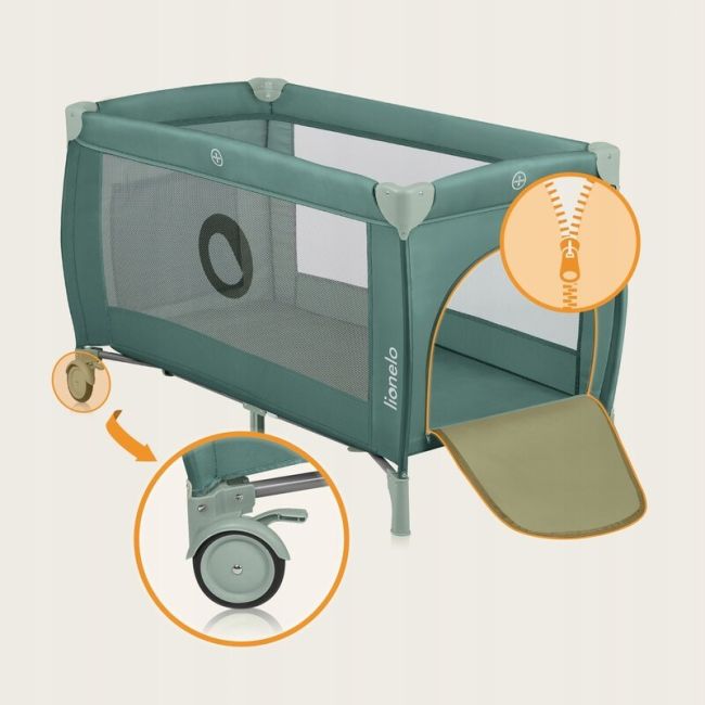 Patut pliant, Lionelo, Stefi Plus, Cu doua nivele, Cu intrare laterala cu fermoar, 2 roti, 120 x 60 cm, Conform cu standardul european de securitate EN 716, Verde Olive BYNLO-STEFI_PLUS_GREEN_OLIVE