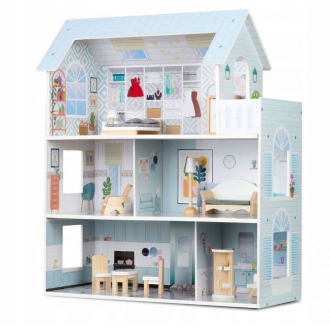 Casuta de papusi din lemn cu 3 etaje, mobilier inclus, 60 x 24 x 70 cm, ricokids rk-878 - albastru deschis edeedi787801