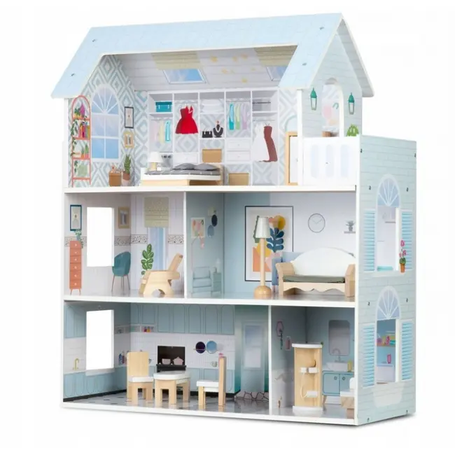 Casuta de papusi din lemn cu 3 etaje, mobilier inclus, 60 x 24 x 70 cm, ricokids rk-878 - albastru deschis edeedi787801