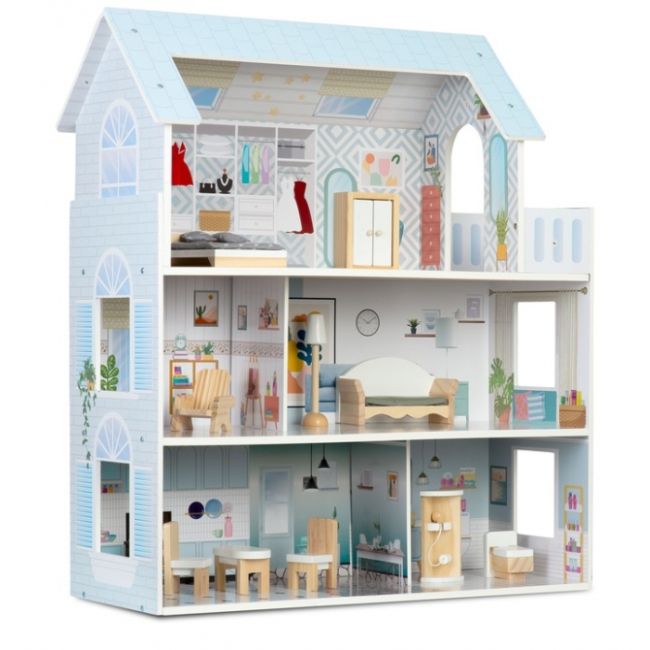 Casuta de papusi din lemn cu 3 etaje, mobilier inclus, 60 x 24 x 70 cm, ricokids rk-878 - albastru deschis edeedi787801