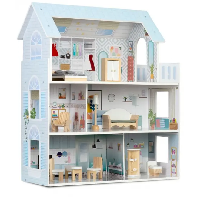 Casuta de papusi din lemn cu 3 etaje, mobilier inclus, 60 x 24 x 70 cm, ricokids rk-878 - albastru deschis edeedi787801