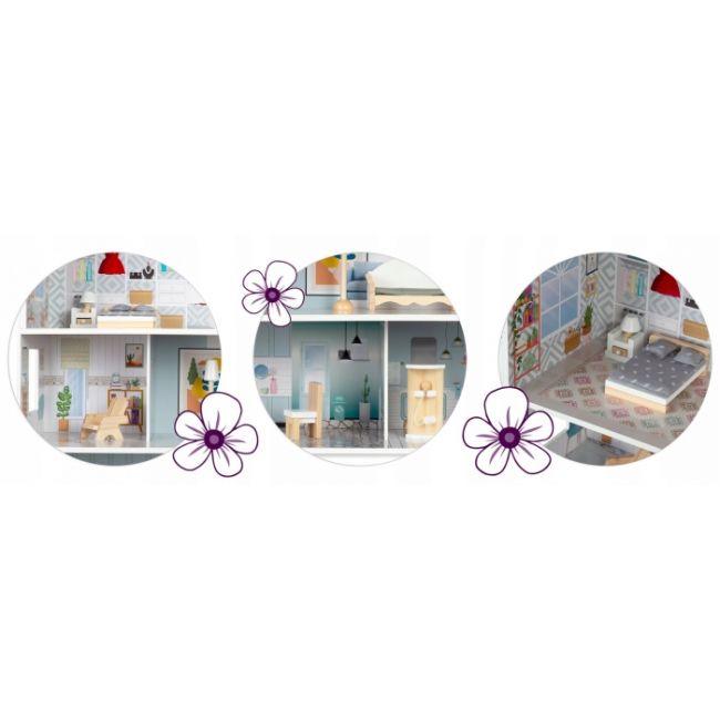 Casuta de papusi din lemn cu 3 etaje, mobilier inclus, 60 x 24 x 70 cm, ricokids rk-878 - albastru deschis edeedi787801