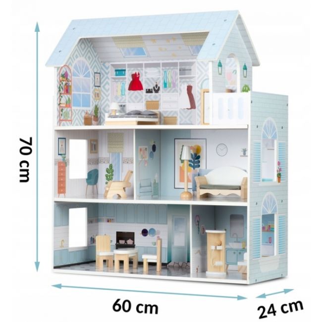 Casuta de papusi din lemn cu 3 etaje, mobilier inclus, 60 x 24 x 70 cm, ricokids rk-878 - albastru deschis edeedi787801