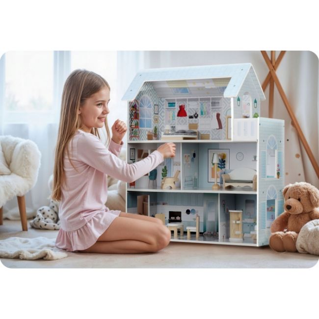 Casuta de papusi din lemn cu 3 etaje, mobilier inclus, 60 x 24 x 70 cm, ricokids rk-878 - albastru deschis edeedi787801