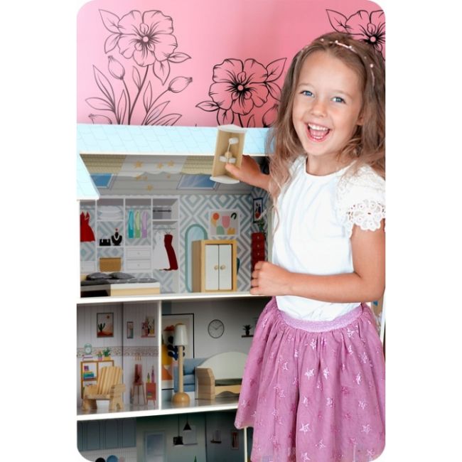 Casuta de papusi din lemn cu 3 etaje, mobilier inclus, 60 x 24 x 70 cm, ricokids rk-878 - albastru deschis edeedi787801