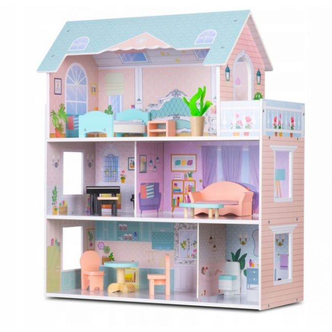 Casuta de papusi din lemn cu 3 etaje, mobilier inclus, 60 x 24 x 70 cm, ricokids rk-878 - roz edeedi787800