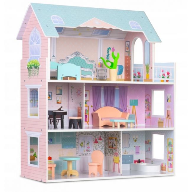 Casuta de papusi din lemn cu 3 etaje, mobilier inclus, 60 x 24 x 70 cm, ricokids rk-878 - roz edeedi787800