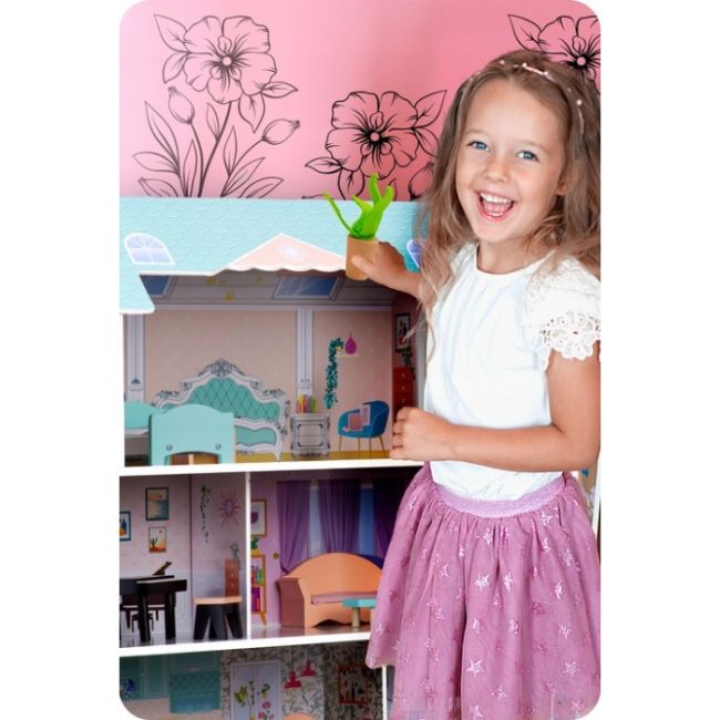 Casuta de papusi din lemn cu 3 etaje, mobilier inclus, 60 x 24 x 70 cm, ricokids rk-878 - roz edeedi787800