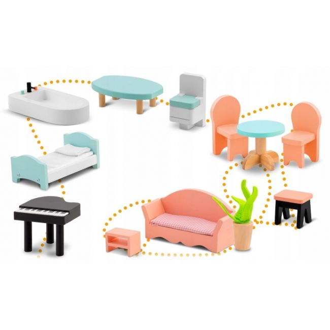 Casuta de papusi din lemn cu 3 etaje, mobilier inclus, 60 x 24 x 70 cm, ricokids rk-878 - roz edeedi787800
