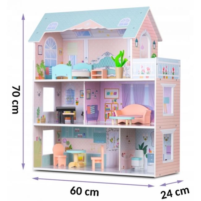 Casuta de papusi din lemn cu 3 etaje, mobilier inclus, 60 x 24 x 70 cm, ricokids rk-878 - roz edeedi787800