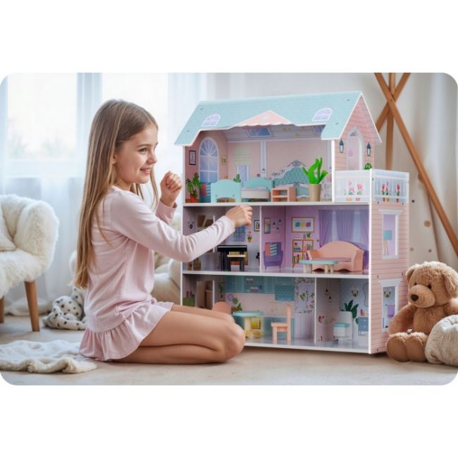 Casuta de papusi din lemn cu 3 etaje, mobilier inclus, 60 x 24 x 70 cm, ricokids rk-878 - roz edeedi787800