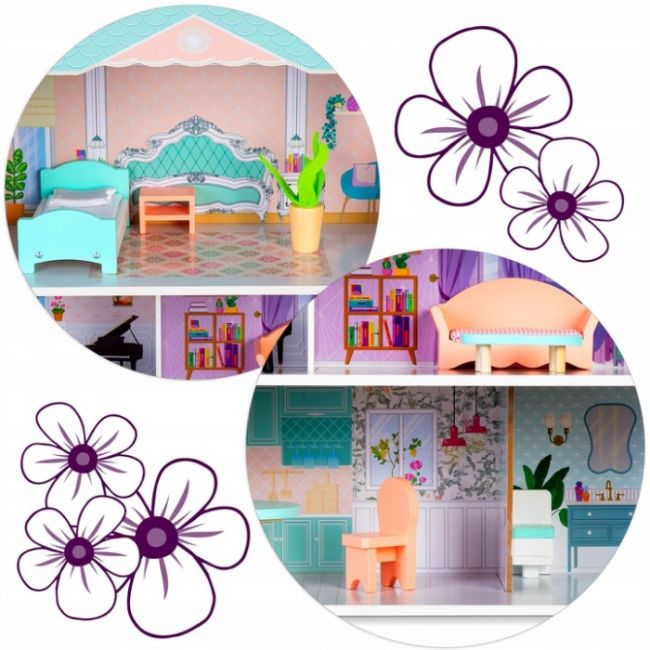 Casuta de papusi din lemn cu 3 etaje, mobilier inclus, 60 x 24 x 70 cm, ricokids rk-878 - roz edeedi787800
