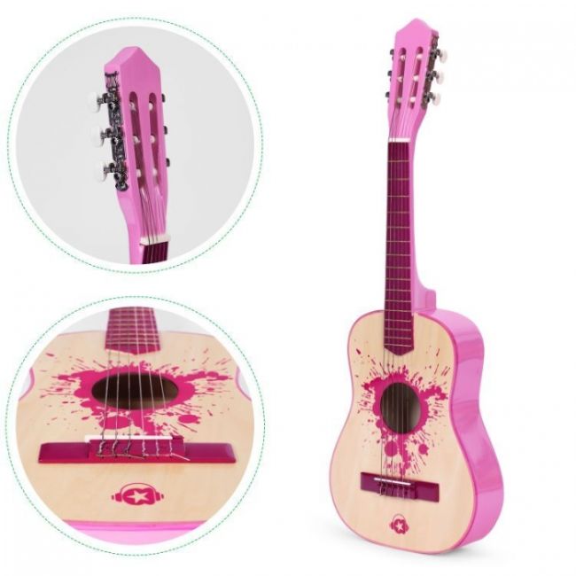 Chitara din lemn pentru copii cu 6 corzi ecotoys hx18022-30, 76 x 28 cm - roz edeedihx18022-30pink