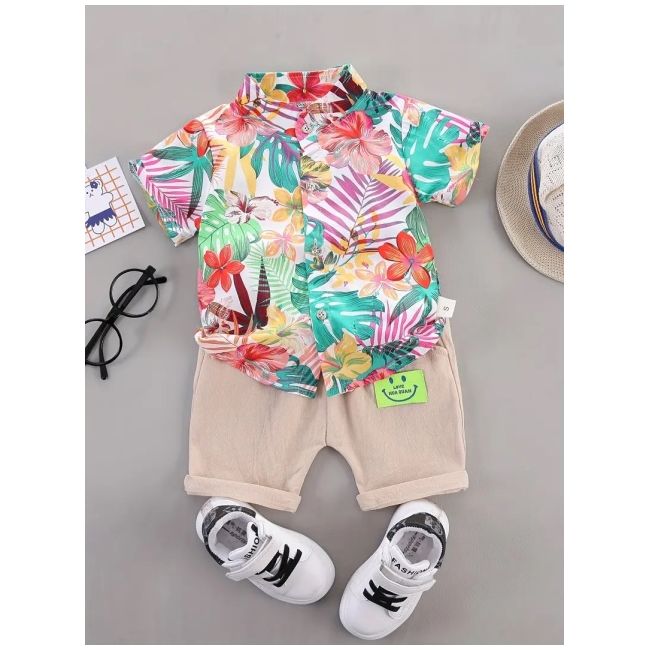 Set tropical de vara pentru baieti – camasa colorata si pantaloni bej mdtu135-r2