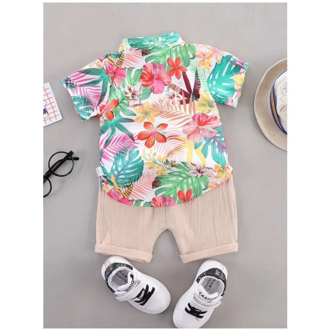 Set tropical de vara pentru baieti – camasa colorata si pantaloni bej mdtu135-r2