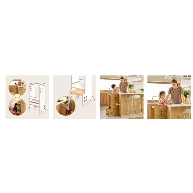 Turn de invatare Montessori, Lionelo, Cass, Functie de raft pentru carti, Pana la 30 kg, 12 luni - 6 ani, Din MDF si furnir, 3 trepte de inaltime, Alb BYNLO-CASS_WHITE