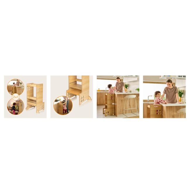Turn de invatare Montessori, Lionelo, Cass, Functie de raft pentru carti, Pana la 30 kg, 12 luni - 6 ani, Din MDF si furnir, 3 trepte de inaltime, Natur BYNLO-CASS_NATURAL