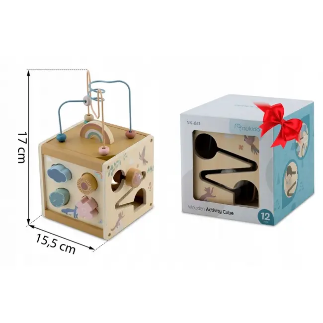 Cub educational din lemn cu diverse activitati, 15.5 x 17 cm, nukido nk-861 edeedi786100