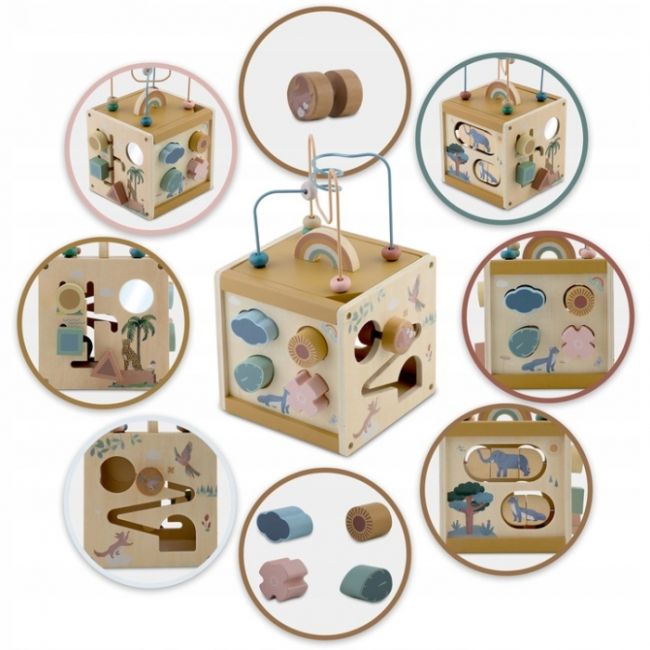 Cub educational din lemn cu diverse activitati, 15.5 x 17 cm, nukido nk-861 edeedi786100