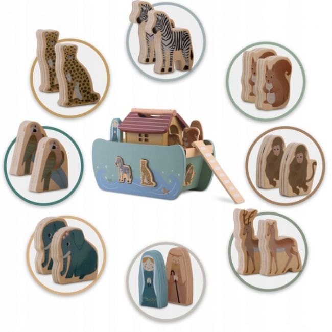 Jucarie educativa arca lui noe din lemn cu animalute, 17.5 x 13.5 x 20 cm, nukido nk-862 edeedi786200