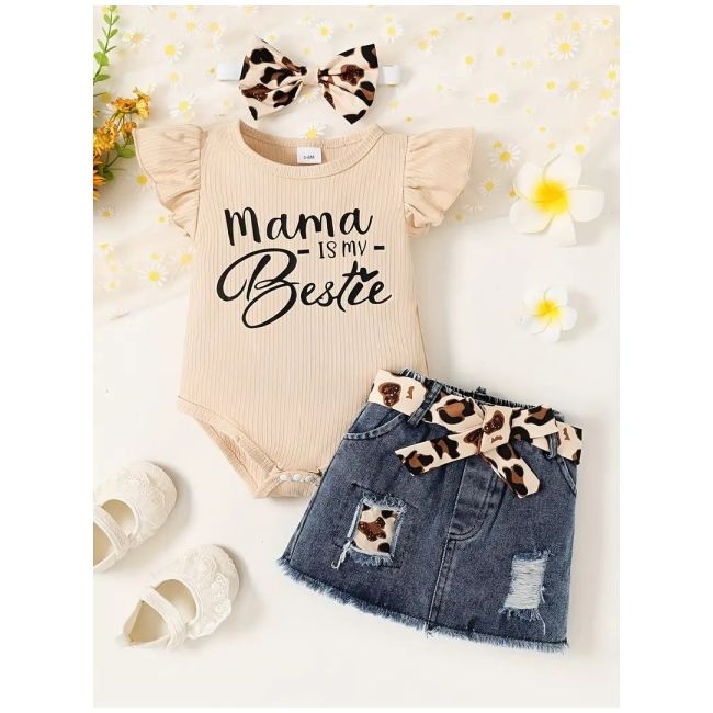 Set body crem cu inscriptie si fustita denim pentru fetite mbtu123-r2
