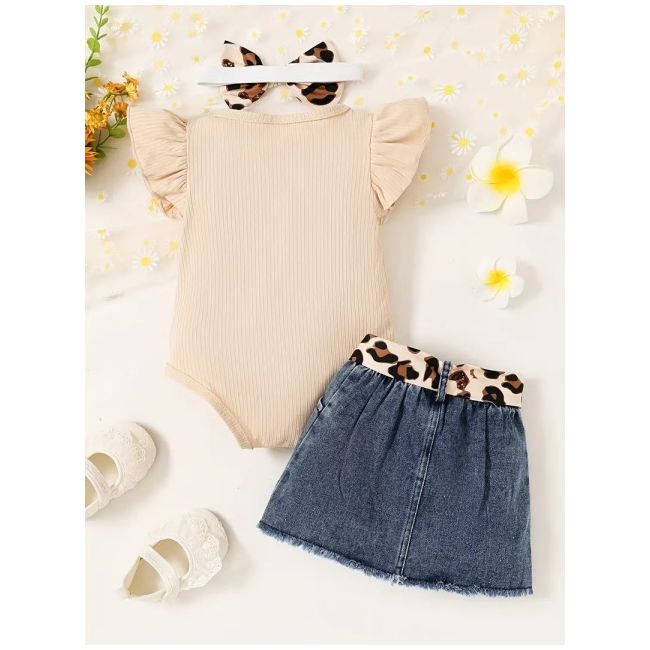 Set body crem cu inscriptie si fustita denim pentru fetite mbtu123-r2