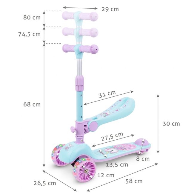 Trotineta Copii Cu Sezut, Transformabila 2in1, Pliabila, Cu Lumini Led, Rimba Unicorn, 1-5 Ani, Pana La 50 Kg, Kidwell Pjbhubarim01a1
